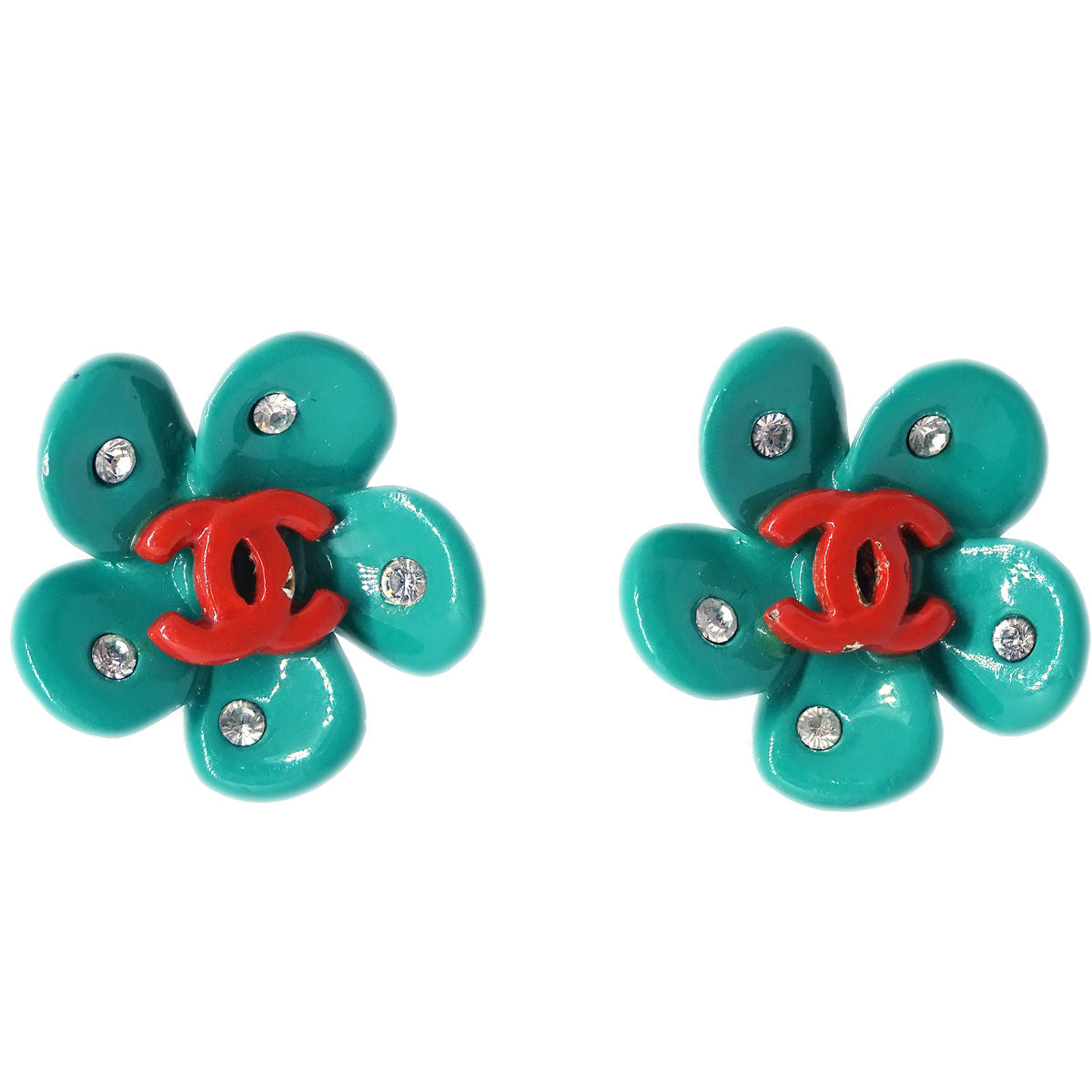 Chanel Flower Piercing Earrings Rhinestone Green 04P