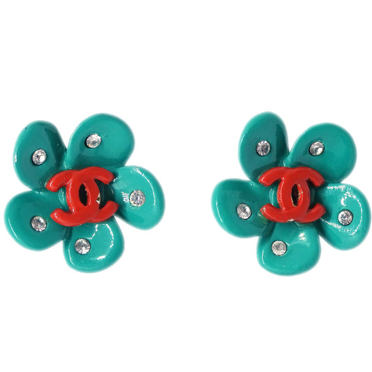 Chanel Flower Piercing Earrings Rhinestone Green 04P