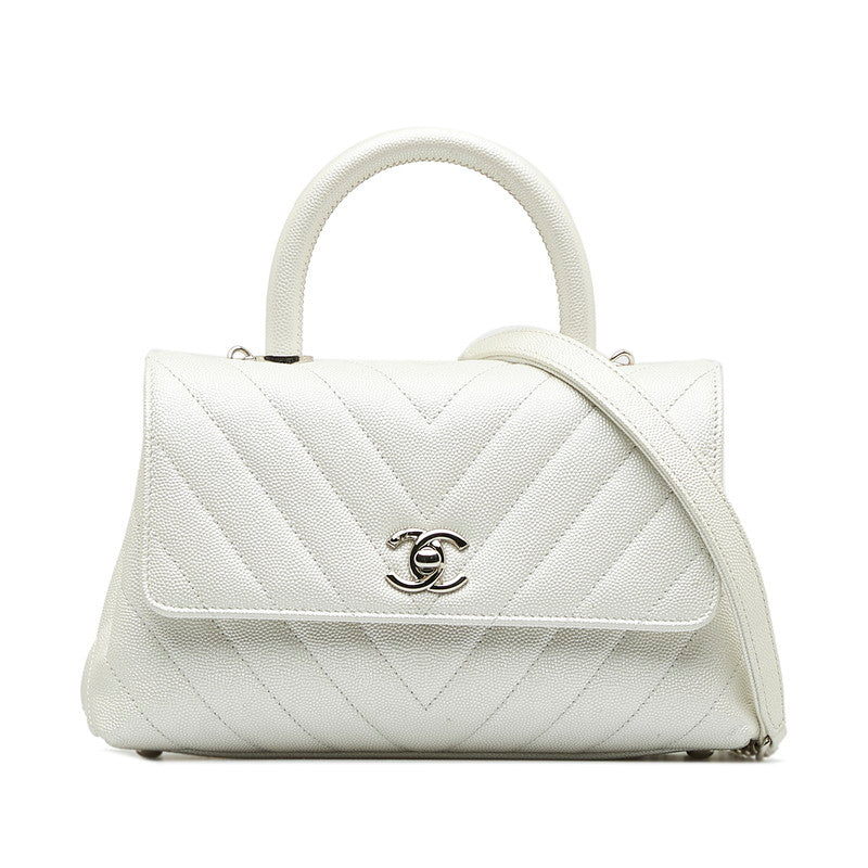 Chanel Chevron V tick Coco Handle HandBag Shoulder Bag 2WAY White Caviar S  Chanel