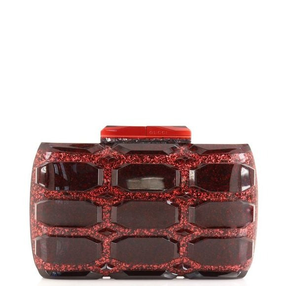 one of a kind, vintage, Gucci Aristographic Red Glitter Plexiglass clutch made of red glitter faceted heavy resin plastic with a latch top