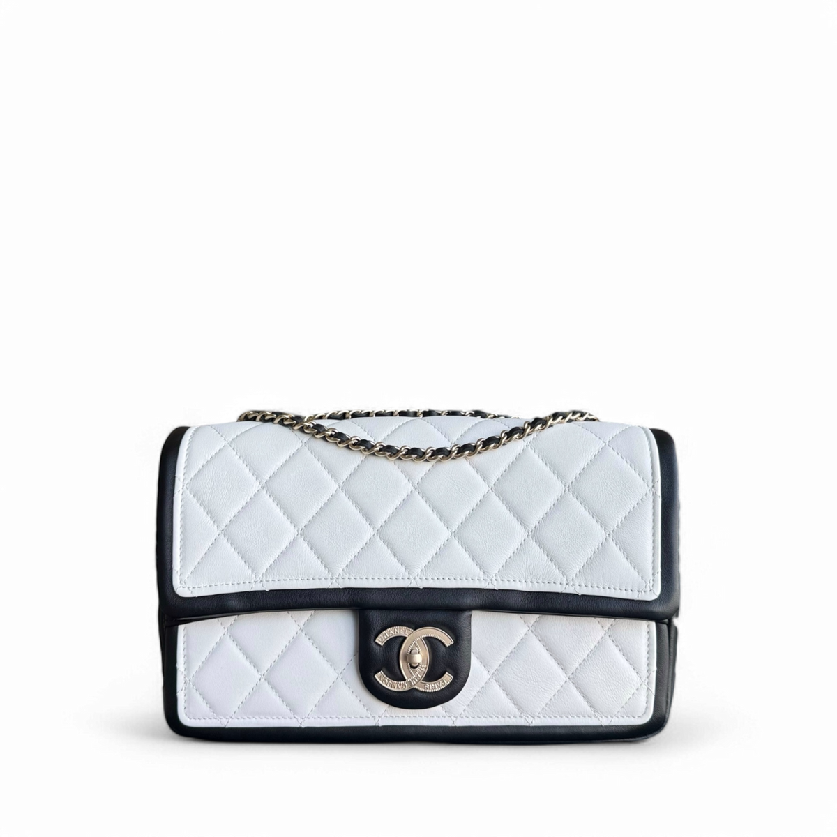 Chanel Seasonal Flap - 25CM Quilted Lambskin Bi-Color White Black Gold Hardware Series 20