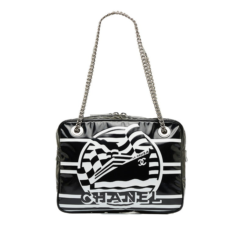 Chanel 19 Cruise Collection LA PAUA Cocomark Chain Shoulder Bag Black White PVC Leather  CHANEL