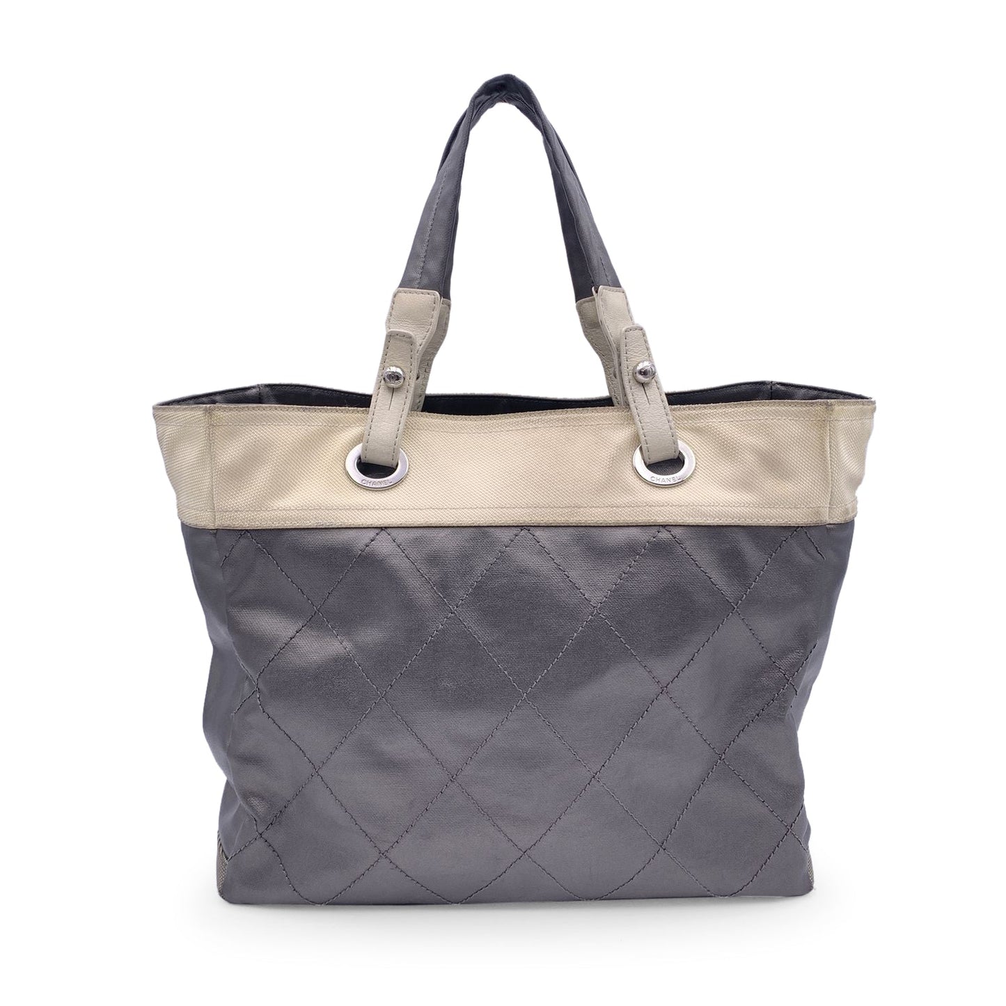CHANEL Gray Metallic Quilted Canvas Paris Biarritz Tote Bag