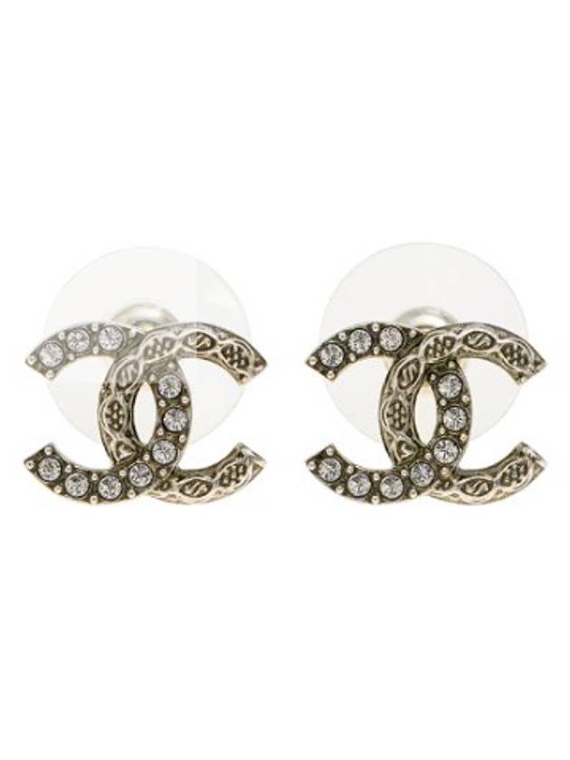 CC Logo Crystal Stud Earrings Silver Chanel