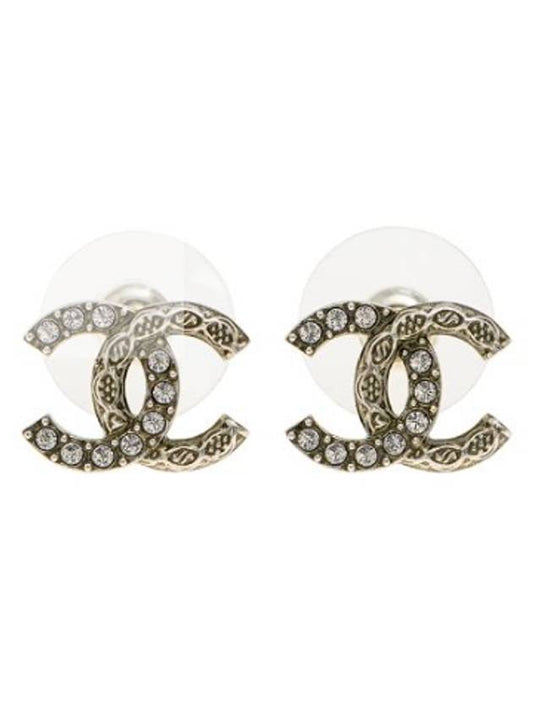 CC Logo Crystal Stud Earrings Silver Chanel