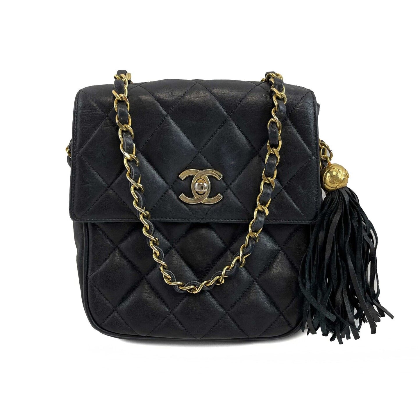 CHANEL Small Square Flap Leather Vintage Gold CC Tassel Black Crossbody Handbag