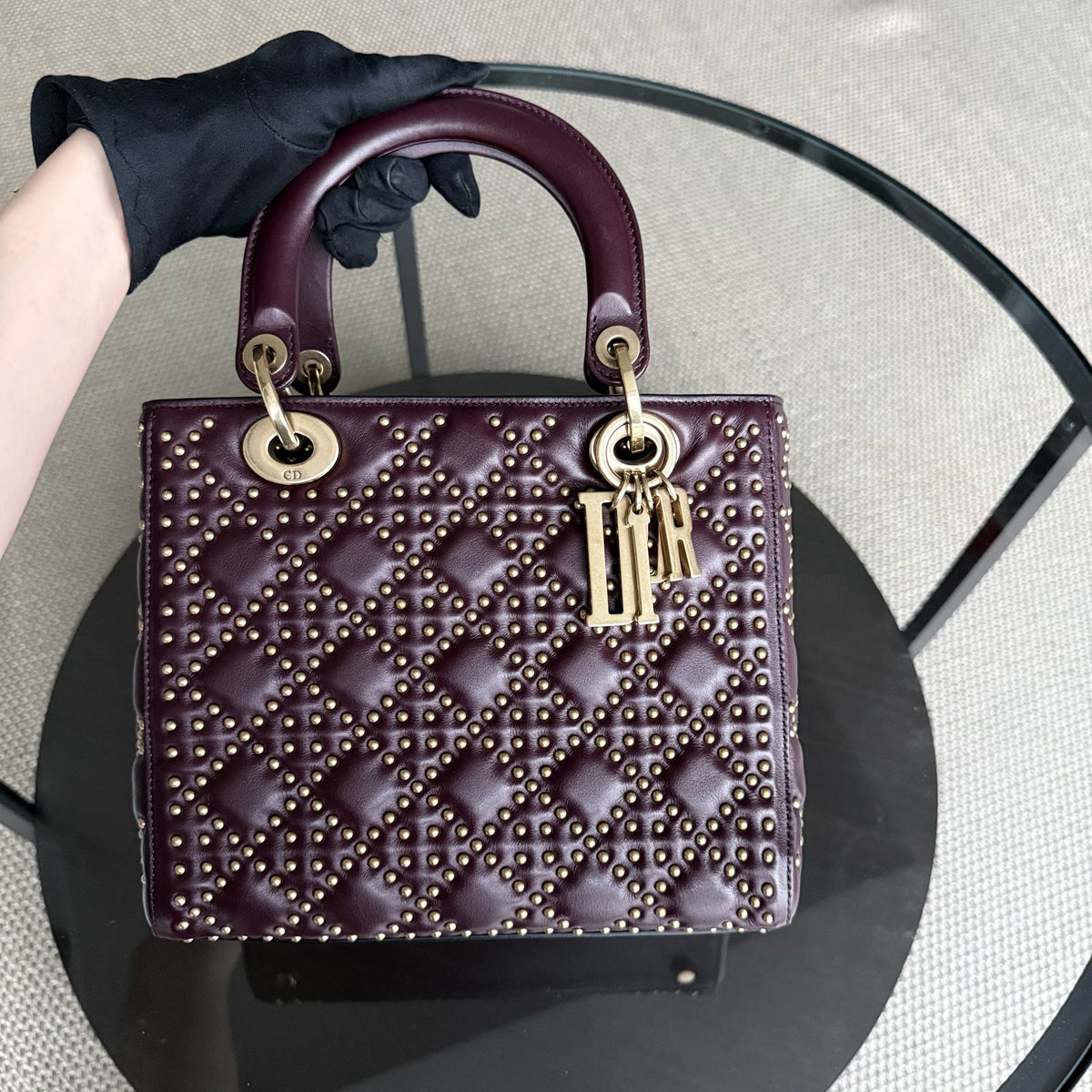 Dior Lady Medium Flap - Studded Cannage Calfskin Burgundy Red Gold Hardware
