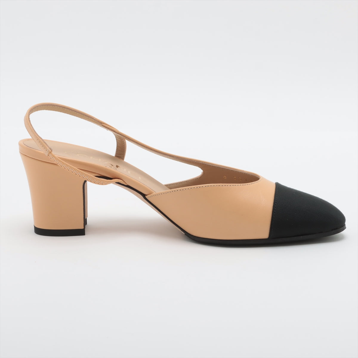 Chanel Coco Leather X Fabric Strap Pump EU37  Beige X Black G31318 Box Bag