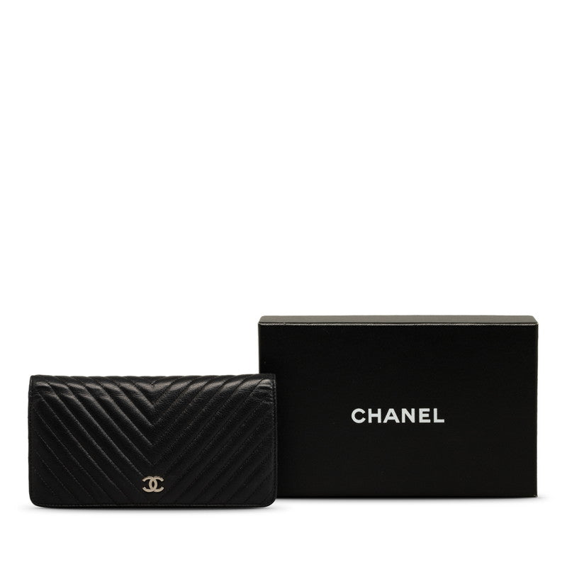 CHANEL Chevron Long Wallet Lambskin Black Silver