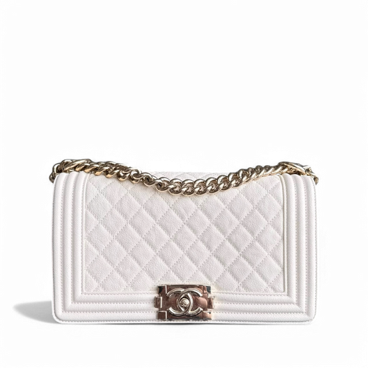 Chanel Boy Medium - Caivar 25CM Quilted Cream White Shiny Gold Hardware Series 28