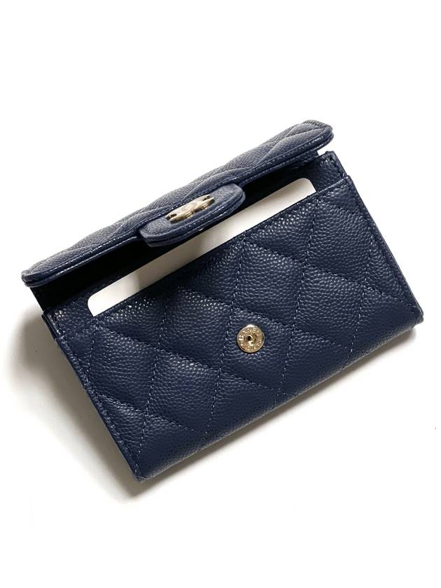 Classic Gold Logo Grained Shiny Calfskin Card Wallet Navy Chanel