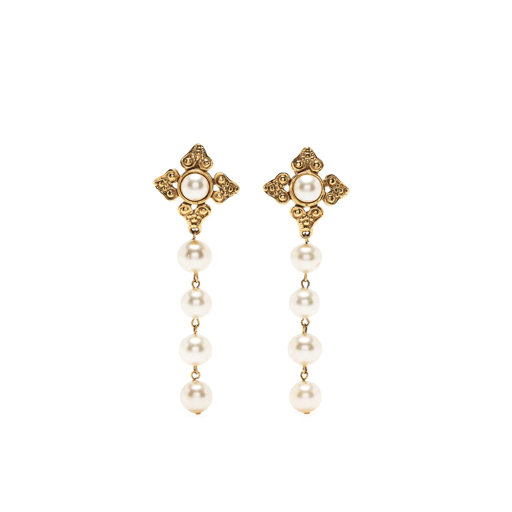 Top Quality Chanel Faux-Pearl Cross Drop Clip-on Earrings