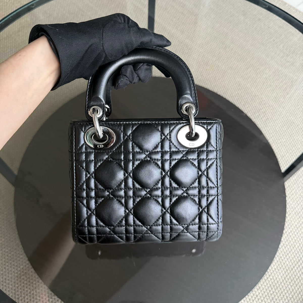 Dior Lady Mini - Cannage Lambskin Black Silver Hardware Adjustable Strap