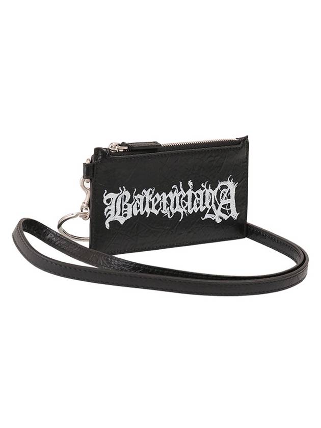 Luxury Balenciaga  Logo Print Neck Strap Leather Card Wallet Black