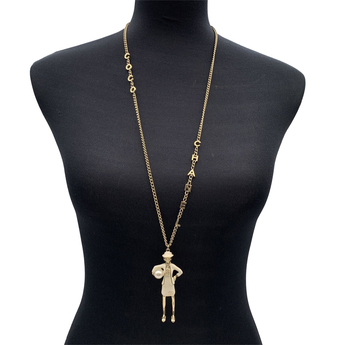 Top Quality Chanel Light Gold Metal Coco Mademoiselle Figurine Pendant Necklace