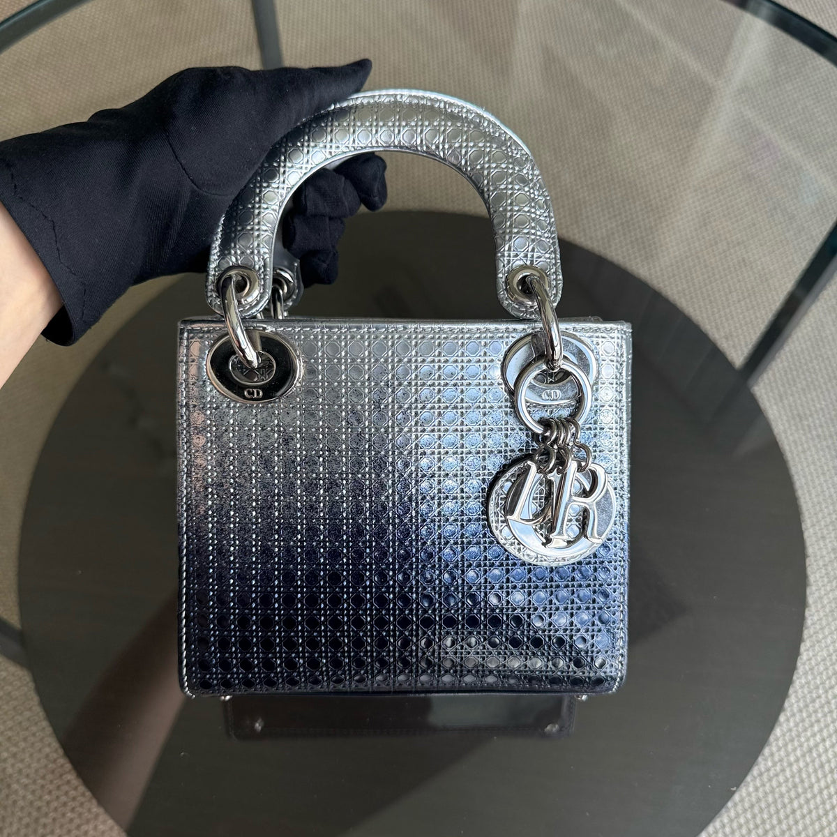 Dior Lady Mini - Micro Cannage Metallic Two-tone Silver Dark Blue Silver Hardware
