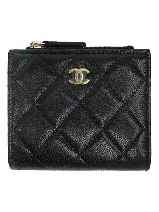 Classic Gold Logo Zipper Half Wallet Black Chanel