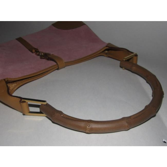 SOLD- Gucci Jackie Vintage Pink Suede And Camel Leather With A Bamboo Handle Hobo Bag
