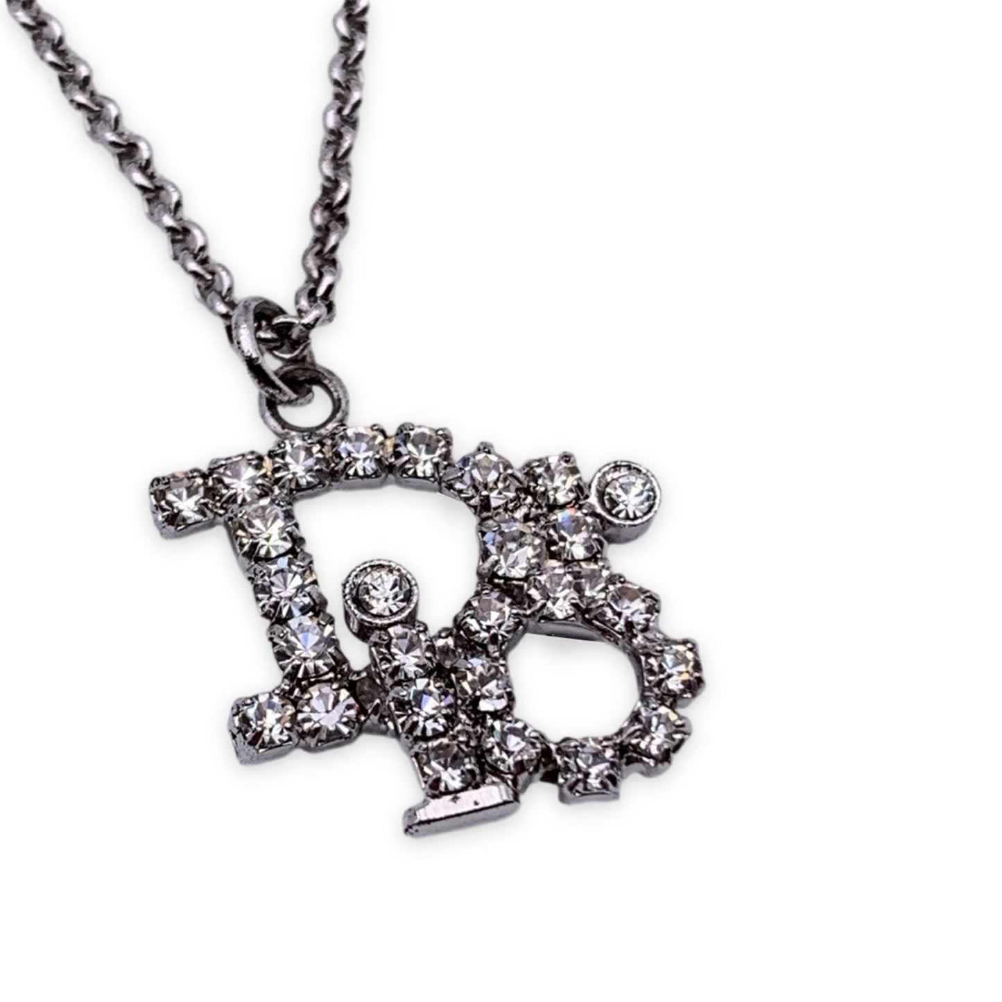 CHRISTIAN DIOR Silver Metal Crystals Oblique Logo Necklace