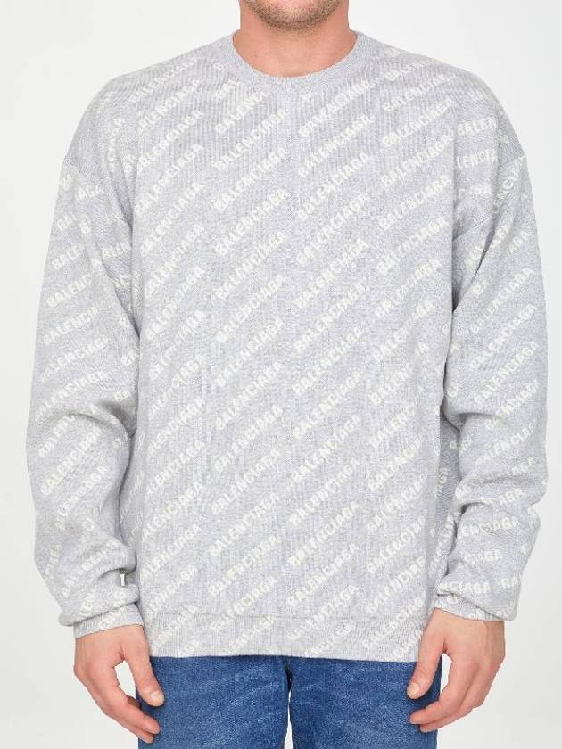 Luxury Balenciaga  Wool Over Logo Pattern Knit Sweatshirt Grey