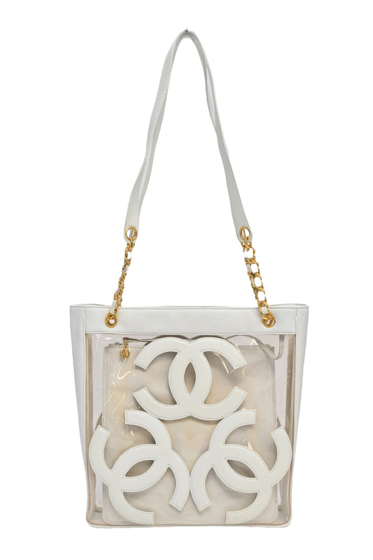 CHANEL White leather and clear PVC Triple CC tote