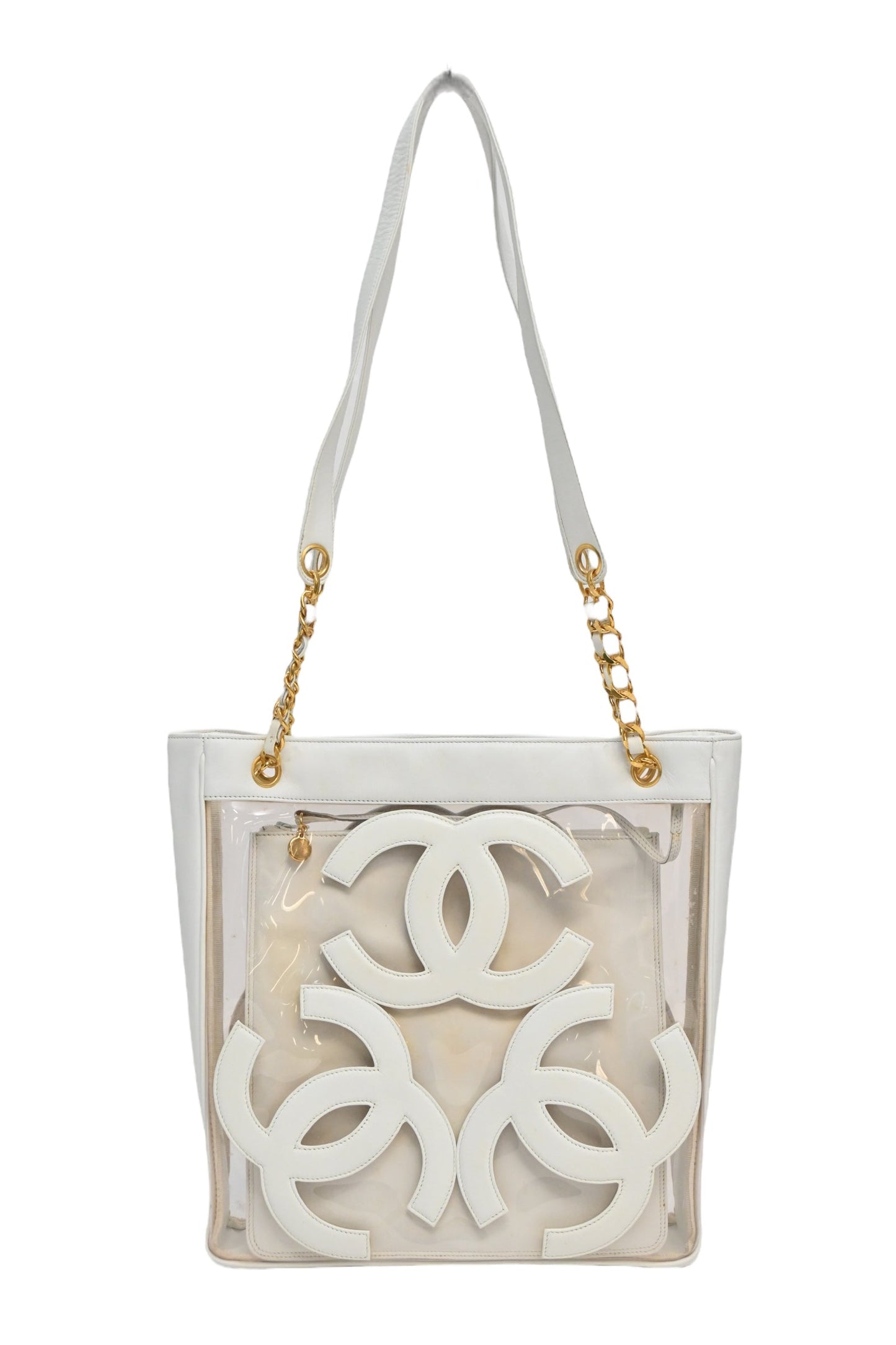 CHANEL White leather and clear PVC Triple CC tote