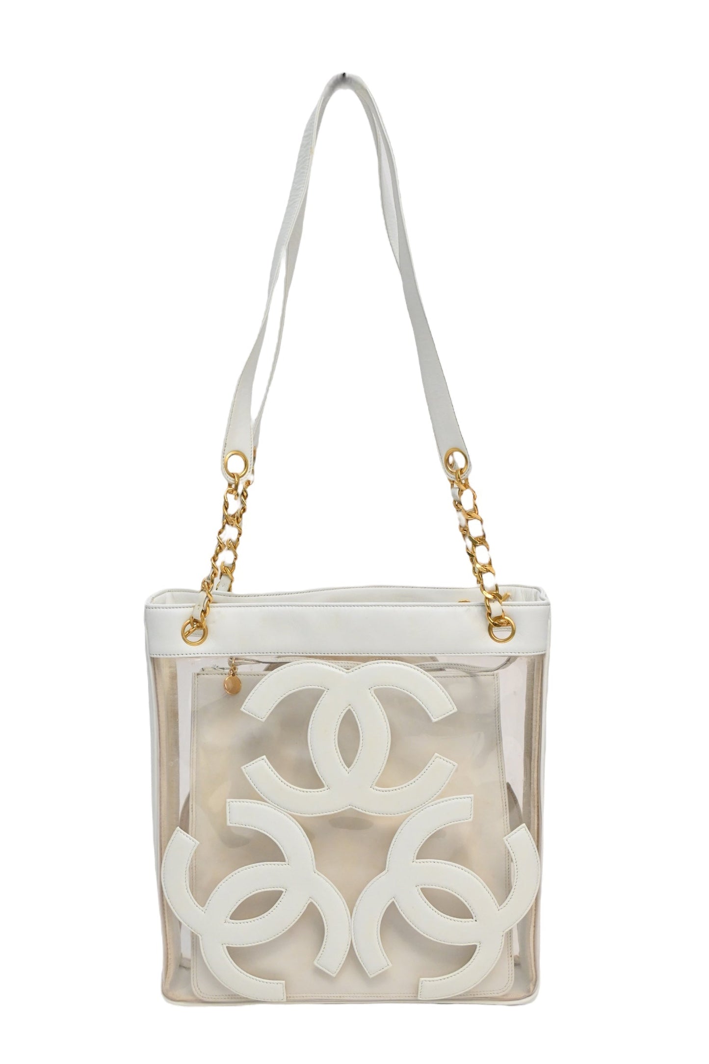 CHANEL White leather and clear PVC Triple CC tote