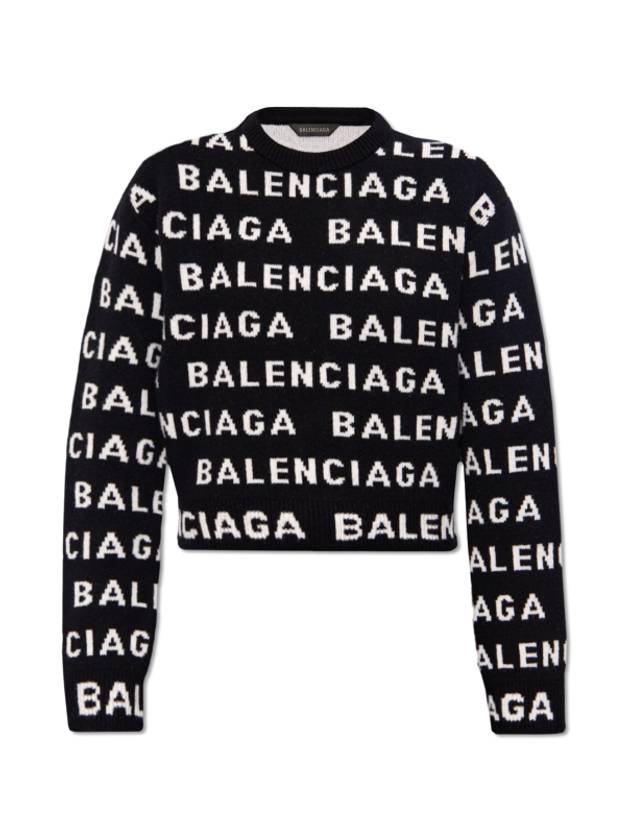 Luxury Balenciaga  Intarsia All-Over Logo Crew Neck Knit Top Black