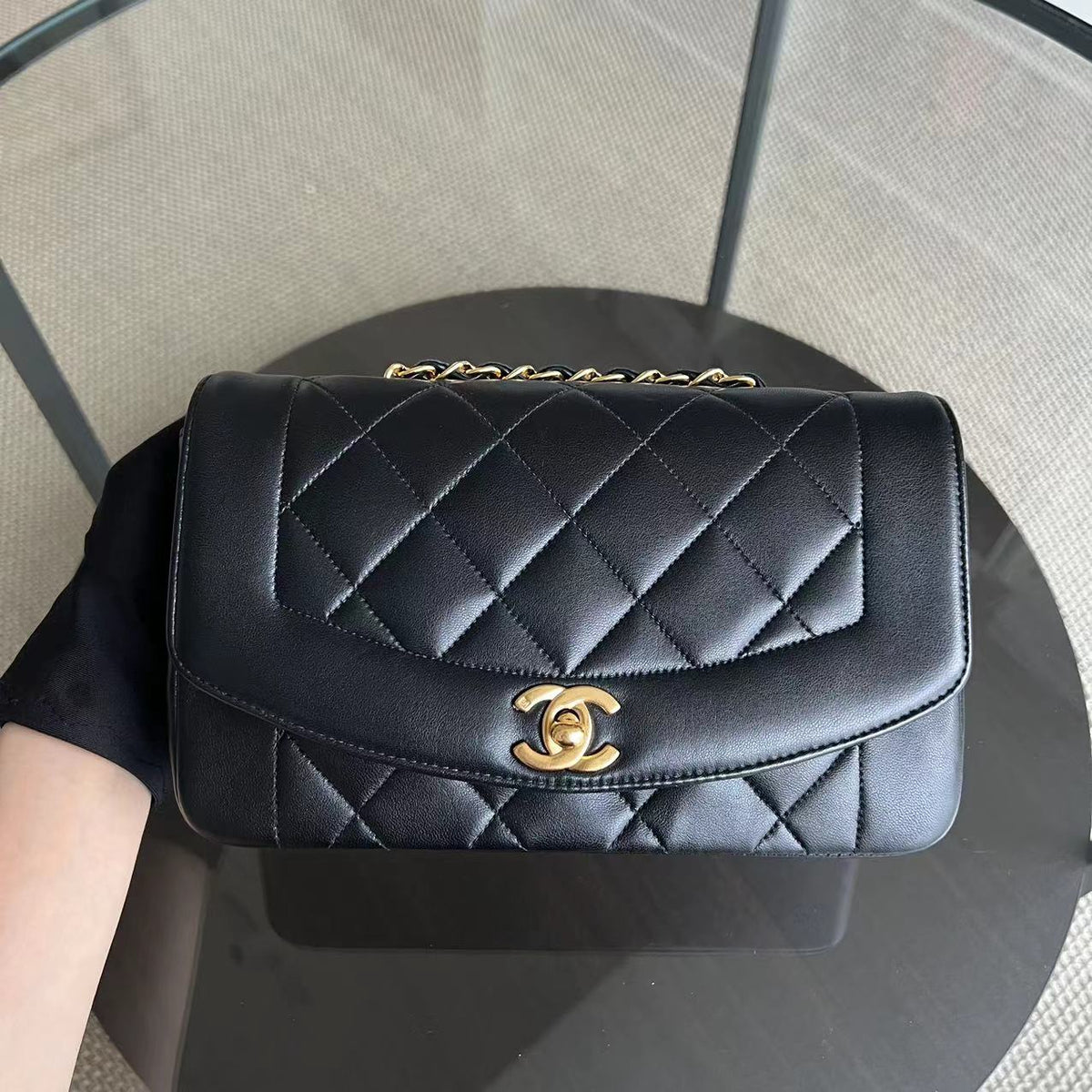Small Diana Vintage Quilted Lambskin Black 24K Golden Hardware Series 4