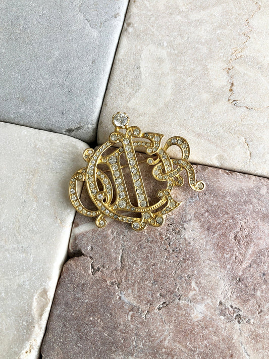 Christian Dior Emblem Rhinestone Brooch Gold Vintage zsia4m