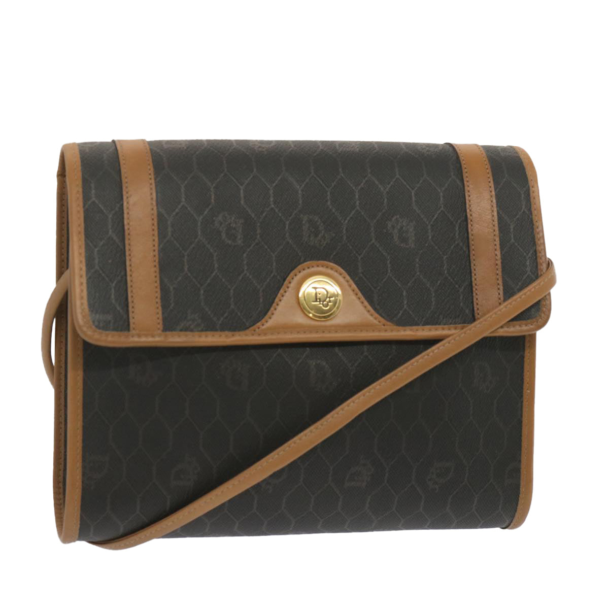 CHRISTIAN DIOR Honeycomb Canvas Shoulder Bag PVC Leather Black Auth ep3692