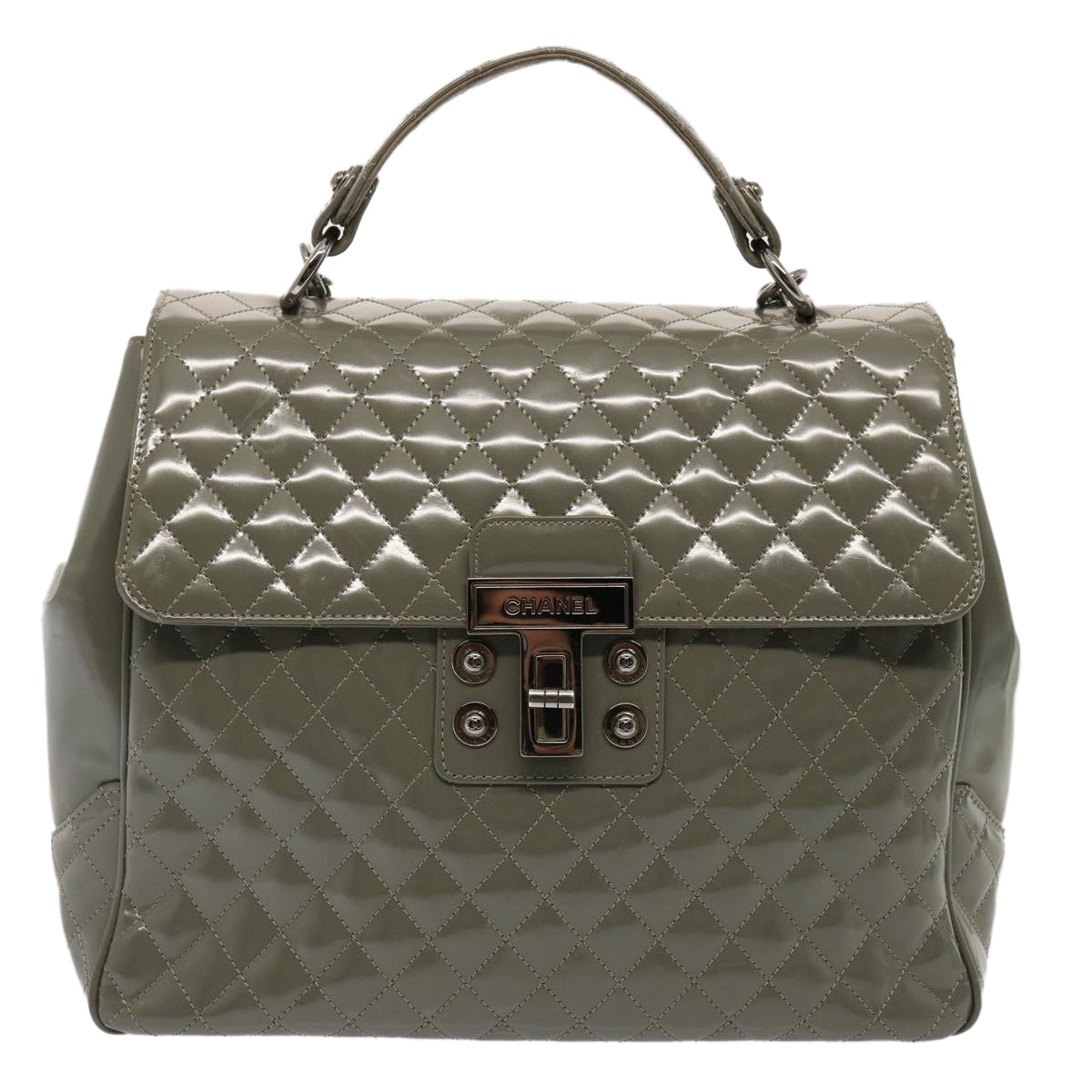 Top Quality Chanel Matelasse Turn Lock Hand Bag Enamel 2way Gray CC Auth ep4178