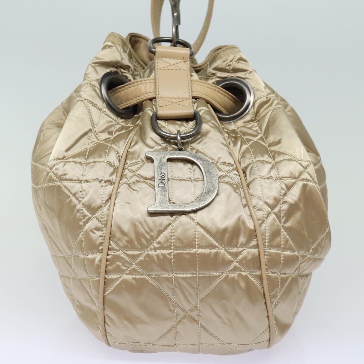 CHRISTIAN DIOR Lady Dior Canage Shoulder Bag Nylon Beige Auth ep4656