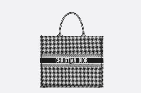Dior r Book Tote Black and White Houndstooth Embroidery