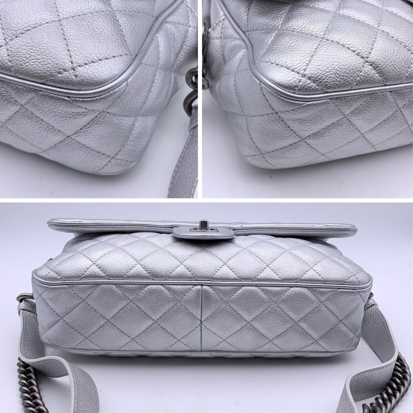 CHANEL Airline 2016 Silver Quilted Leather Easy Flap Shoulder Bag