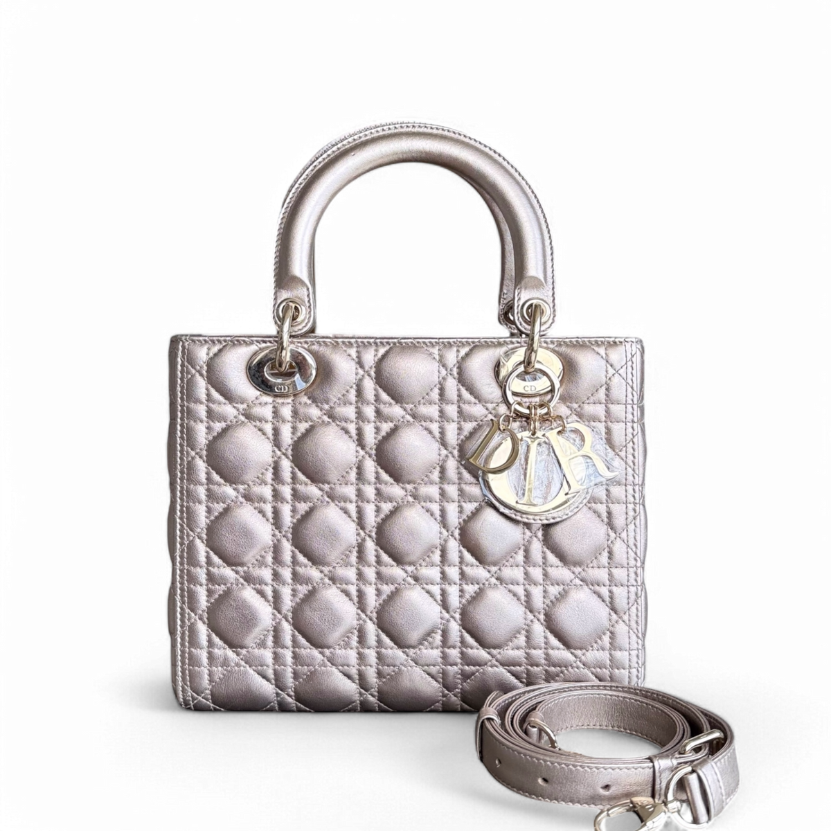 Dior Lady Medium - Cannage Metallic Calfskin Bronze Gold Hardware Adjustable Strap
