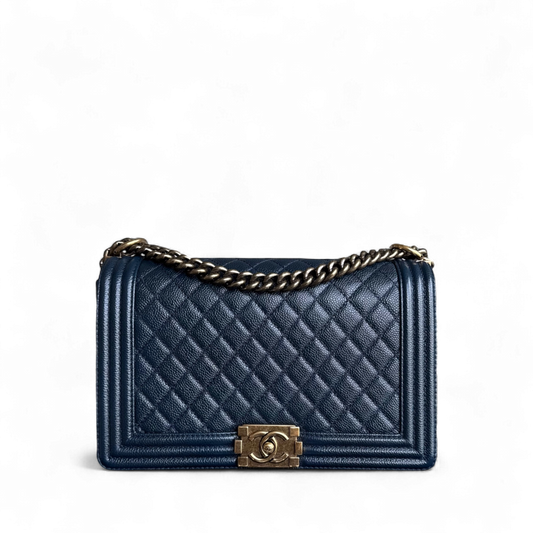 Chanel Boy New Medium - Caviar 28CM Quilted Dark Blue Ruthenium Gold Hardware Series 19