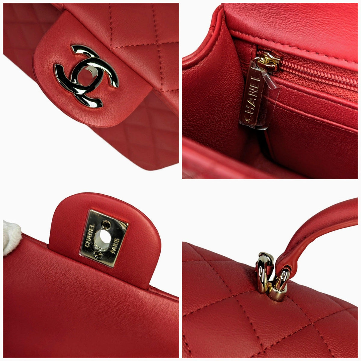Chanel Red Lambskin Mini Rectangular Top Handle Flap