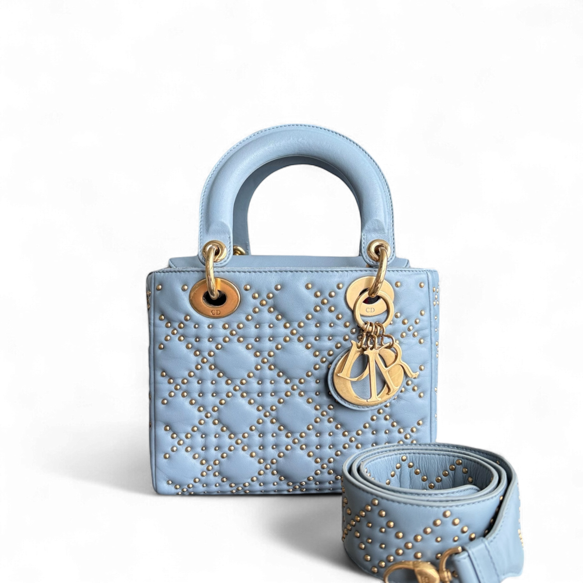Dior Lady Small Flap - Cannage Calfskin Studded Blue Gold Hardware