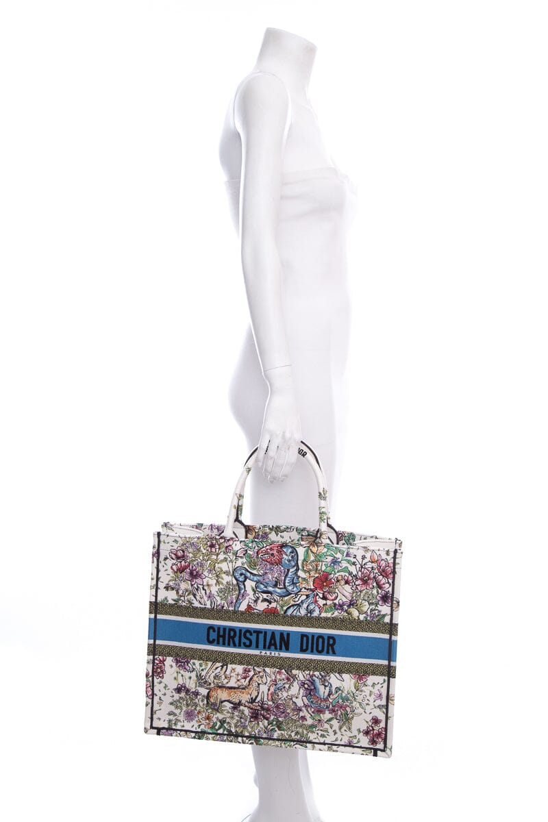 Dior White Floral Woodland Embroidered Book Tote HandBag