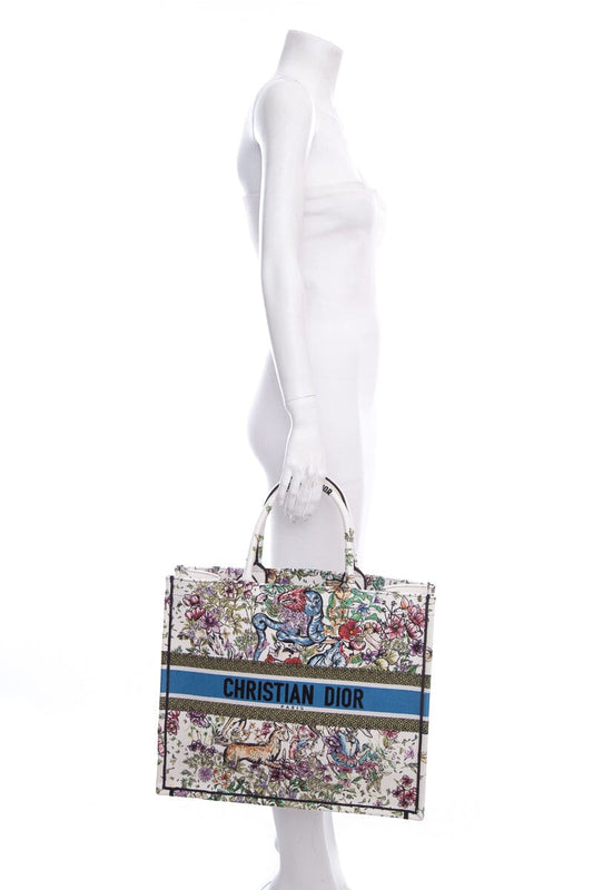 Dior White Floral Woodland Embroidered Book Tote HandBag