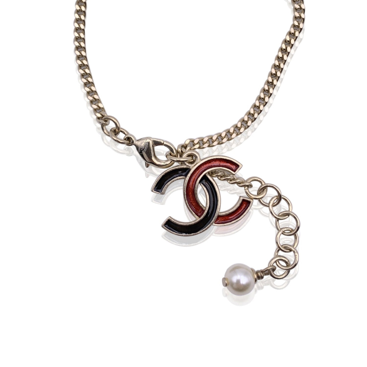 Top Quality Chanel Light Gold Metal Black And Red Enamel Cc Logo Chain Bracelet