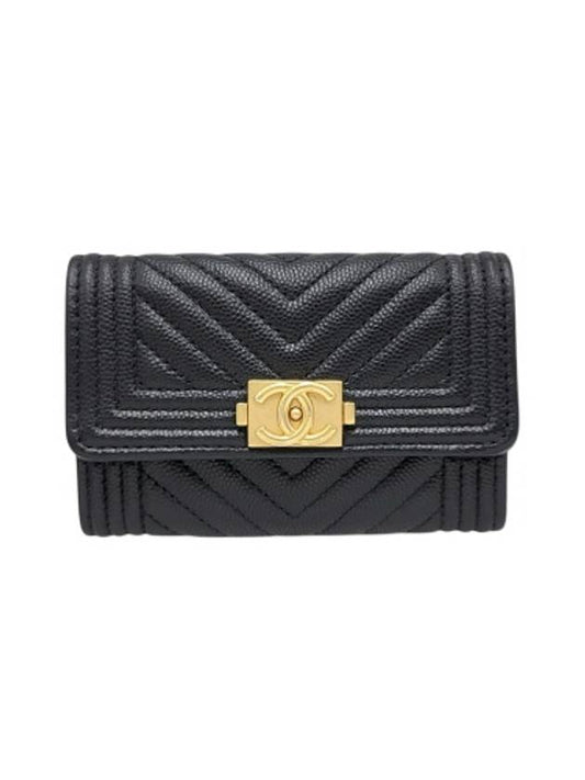 A80603 Black Caviar Skin Boy Chevron Card Business Holder Chanel