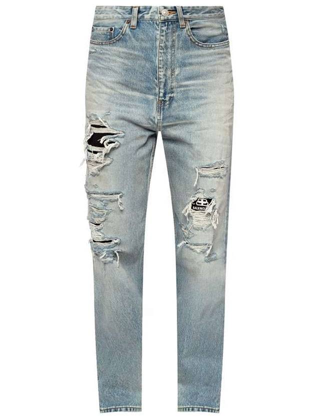 Luxury Balenciaga  Women's Distressed Denim Straight Jeans Vintage Blue
