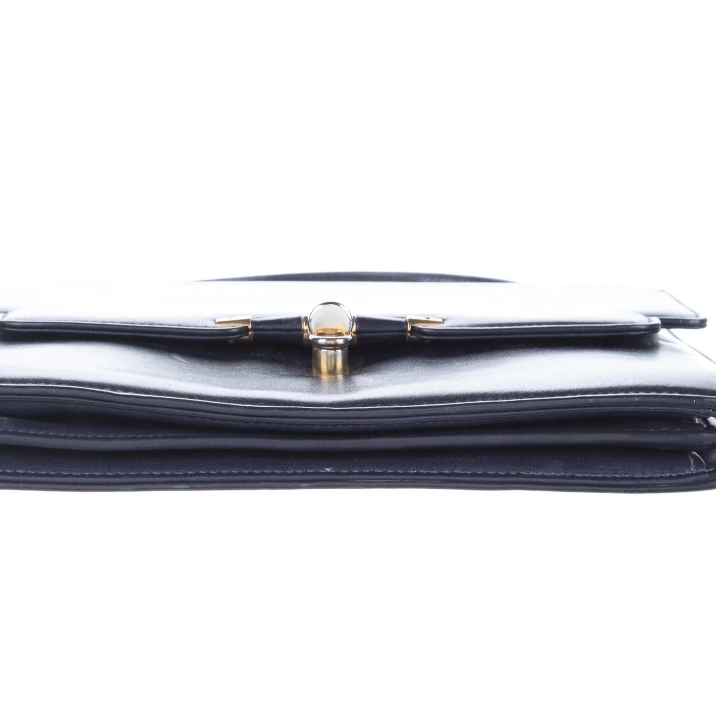 Vintage mod leather Gucci Kelly bag with gold engraved GG bar latch clasp