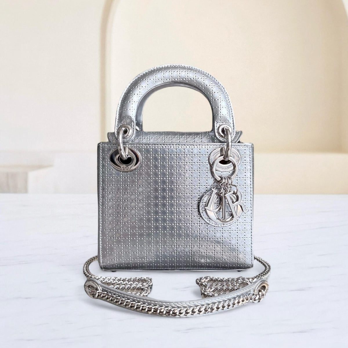 Dior Lady Mini - Metallic Calfskin Micro Cannage Silver Hardware Chain strap
