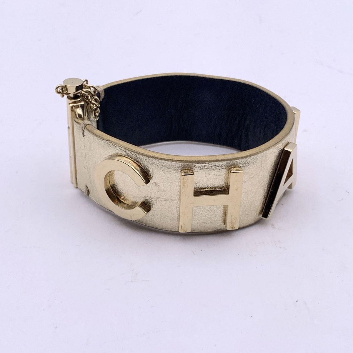 Top Quality Chanel Gold Metal Leather Logo Lettering Cuff Bracelet Size M