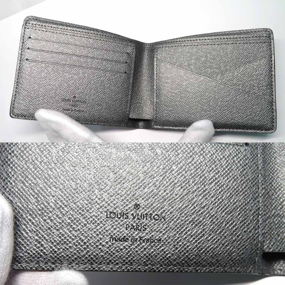 Louis Vuitton Portefolio Multipur M30843  Monogram Taiga Double Fold Wallet Silver Gr Card Compact Coinless Leather Mens Unisex