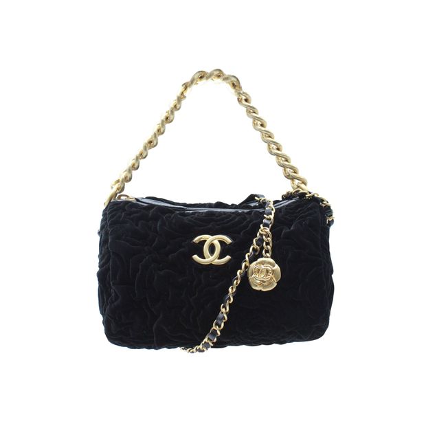 CHANEL Two-Way Chain Camellia Shoulder Bag in Black Velvet