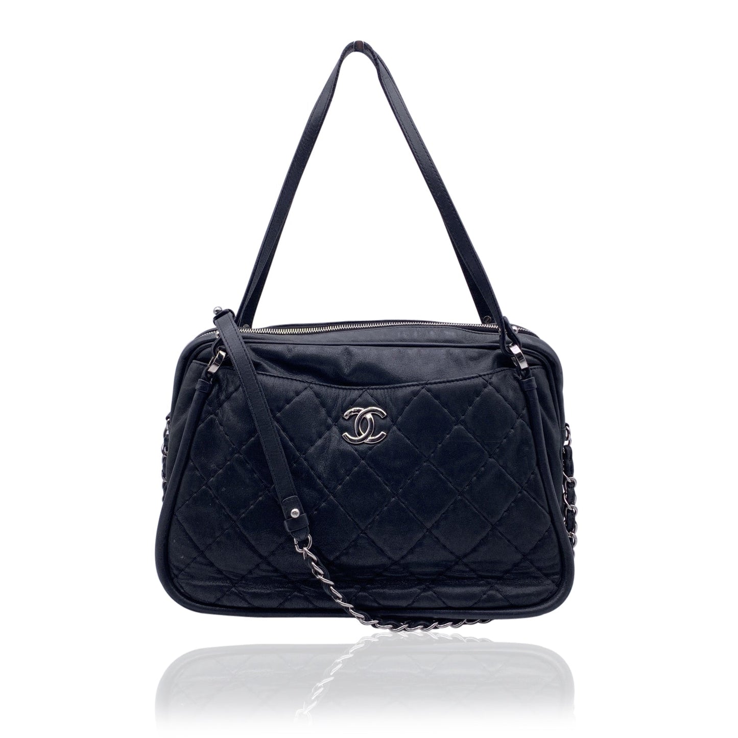 CHANEL Black Quilted Leather Relax Cc Tote Camera Shoulder Bag